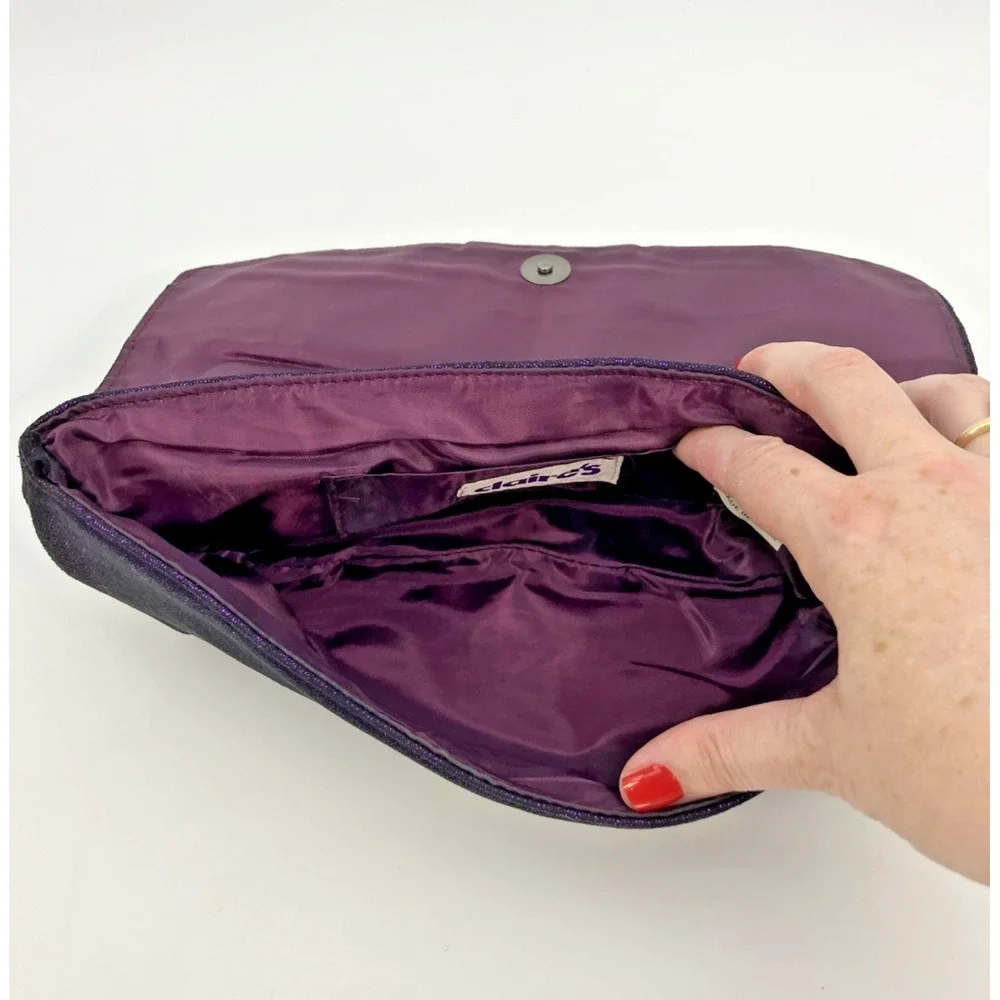 Claires Purple Black Sparkle Bow Clutch Bag Whimsygoth Purse Punk Grunge Y2K